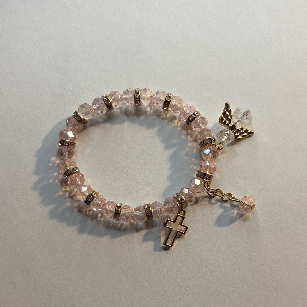 Pink Beaded Bracelet with Gold Cross Charm